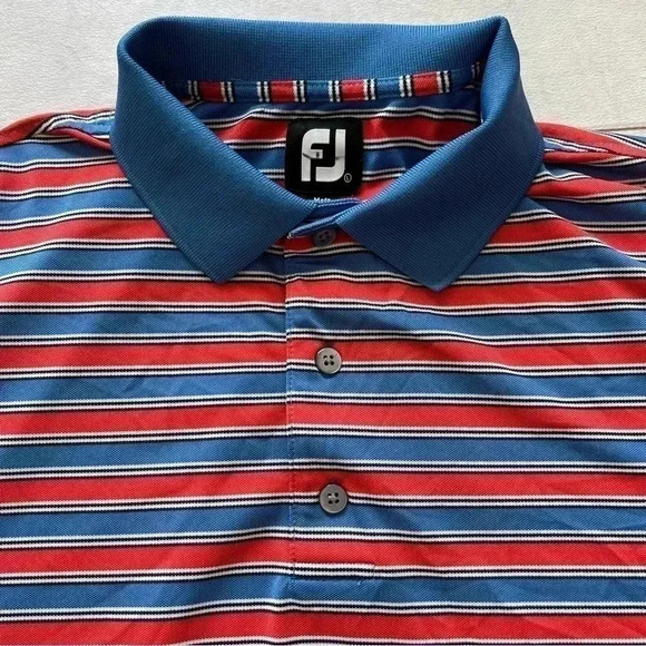 FootJoy FJ Mens Golf Polo Shirt Large Red Blue Striped Stretch Polyester… - Picture 3 of 9